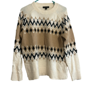 Ann Taylor Fair Isle Crewneck White, Tan, and Black Small Sweater